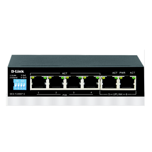 سوئیچ ۶ پورت ۱۰/۱۰۰ با PoE+ برای دوربین‌های نظارتی D-link مدل DES-F1006P-E